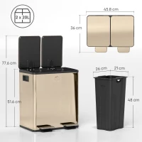 HOMCOM 40L Dual Compartment Stainless Steel Bin, with Deodoriser Holders - Gold Tone(m-3)