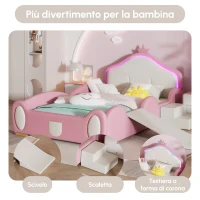 Letto Principessa con Striscia LED, Scivolo e Scala, Design Cartoon con Corona, Senza Materasso, 90x200 cm, Rosa(m-5)