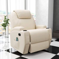 HOMCOM Poltrona Relax Elettrica Reclinabile Girevole con 2 Portabicchieri, Telecomando, Poggiapiedi e 4 Tasche Laterali, in Pelle PU, Legno e Acciaio, Crema(m-2)