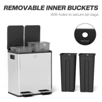 HOMCOM 40L Dual Compartment Stainless Steel Bin, with Deodoriser Holders - Silver Tone(m-7)
