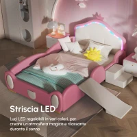 Letto Principessa con Striscia LED, Scivolo e Scala, Design Cartoon con Corona, Senza Materasso, 90x200 cm, Rosa(m-4)