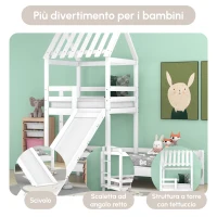 Letto a Casetta con Scivolo, Letto a Castello con Protezione Anticaduta e Sponde, Senza Materasso, in Legno, 200x90cm & 100x90cm, Bianco(m-5)