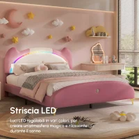 Letto Imbottito con Striscia LED e Doghe in Legno, Letto con Testiera, Rivestimento in Pelle PU, Senza Materasso, 140×200 cm, Bianco e Rosa(m-4)
