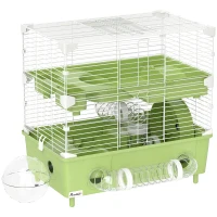 PawHut Cage pour hamster  à 2 niveaux avec roue de course salle de bain en sable pour hamster nain 44,5 x 28 x 44 cm vert(m-12)