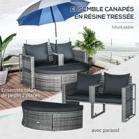Outsunny Ensemble de salon de jardin 2 pièces en résine tressée - canapé 2 places avec coussins + parasol + repose-pieds - gris(m-7)