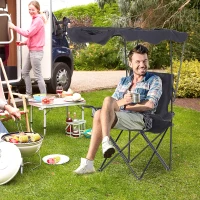 HOMCOM Chaise de Camping Pliable Grand Confort Pare-Soleil + Porte-gobelets intégrés, possibilité d'être portée en Sac à Dos Noir(m-2)