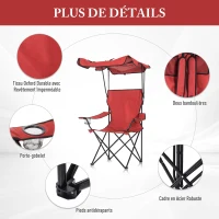 HOMCOM Chaise de Camping Pliable Grand Confort Pare-Soleil + Porte-gobelets intégrés, possibilité d'être portée en Sac à Dos Rouge Noir(m-6)