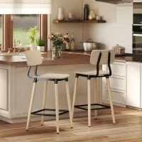 HOMCOM Set van 2 Barstoelen met Rugleuning, Voor Huisbar, Keukeneiland, Eetkamer, Hout, Metaal, Lichtbruin(m-8)