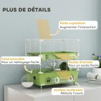 PawHut Cage pour hamster  à 2 niveaux avec roue de course salle de bain en sable pour hamster nain 44,5 x 28 x 44 cm vert(m-6)