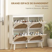 HOMCOM Meuble à chaussures 4 abattants 20 paires étagère réglable style bohème pieds en bois massif 105 x 24 x 97,5 cm blanc(m-4)
