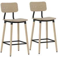 HOMCOM Set van 2 Barstoelen met Rugleuning, Voor Huisbar, Keukeneiland, Eetkamer, Hout, Metaal, Lichtbruin(m-10)