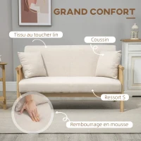 HOMCOM Canapé banquette 2 places style naturel en bois et tissu - dim. 123L x 69l x 74H cm - beige(m-4)