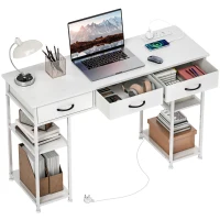 HOMCOM 120cm Computer Desk with Power Outlets, Office Desk Study Table with 3 Fabric Drawers and 4 Storage Shelves, White(m-10)