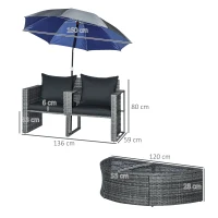 Outsunny Ensemble de salon de jardin 2 pièces en résine tressée - canapé 2 places avec coussins + parasol + repose-pieds - gris(m-3)