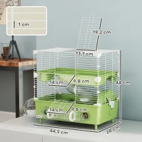 PawHut Cage pour hamster  à 2 niveaux avec roue de course salle de bain en sable pour hamster nain 44,5 x 28 x 44 cm vert(m-3)