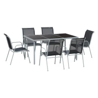 Outsunny Ensemble de jardin 6 pers. - table de jardin extérieure avec 6 chaises empilables plateau verre trempé 5 mm métal époxy gris textilène noir(m-11)