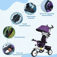 HOMCOM Triciclo Evolutivo para Niños +12 Meses con Toldo Plegable Mango de Empuje Telescópico y Cinturón de Seguridad Violeta(m-6)