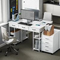 HOMCOM 120cm Computer Desk with Power Outlets, Office Desk Study Table with 3 Fabric Drawers and 4 Storage Shelves, White(m-8)