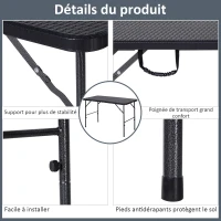 Outsunny Table pliante table de camping pliable table de jardin dim. 120L x 60l x 74H cm métal époxy HDPE noir(m-5)