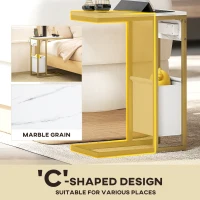 HOMCOM C Shaped Side Table with Charging Station and Faux Marble Top - White(m-5)