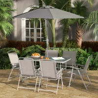 Outsunny Set da Giardino con Tavolo da Pranzo, 6 Sedie Pieghevoli e Ombrellone a Manovella, Grigio(m-2)