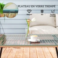 Outsunny Table basse de jardin avec plateau verre trempé 5 mm, table d'appoint pour extérieur, cadre en acier, effet bois naturel(m-5)