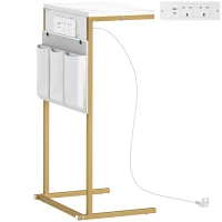 HOMCOM C-Shaped Bedside Table with Charging Station, Marble Grain Side Table with Power Outlets & USB Ports, Storage Bags, for Bedroom, Living Room, White(m-1)