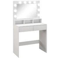 HOMCOM Coiffeuse avec miroir Hollywood, tiroirs, 3 modes d'éclairage, 10 ampoules, 80 x 40 x 135 cm, blanc(m-10)