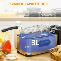 HOMCOM Friteuse à huile 3L avec température réglable, minuterie, panier à huile amovible, acier inoxydable, argent et noir(m-8)