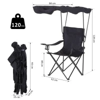 HOMCOM Chaise de Camping Pliable Grand Confort Pare-Soleil + Porte-gobelets intégrés, possibilité d'être portée en Sac à Dos Noir(m-3)