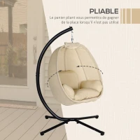 Outsunny Fauteuil œuf suspendu balancelle pliante avec coussin et support usage intérieur extérieur métal tissu textilène dim. 125L x 95l x 170H cm kaki(m-6)