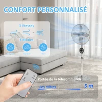 HOMCOM Ventilateur sur pied à hauteur réglable 120-135 cm, oscillation 75°, minuterie 7,5H, télécommande, mode veille, argent(m-7)