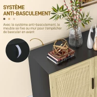 HOMCOM Meuble de rangement avec placards à portes effet cannage, étagères réglables, 136 x 41 x 70 cm, noir et bois naturel(m-7)