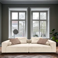 Bigsofa 800008, 2-Sitzer in Cord, mit Filzgleitern, 2er Couch, 304 x 135 x 69 (BxTxH), creme(m-3)