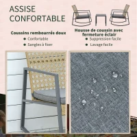 Outsunny Ensemble de jardin 3 pièces style cosy 2 fauteuils à bascule avec coussins assise dossier + table basse résine tressée imitation rotin naturel gris(m-4)