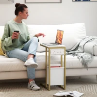 HOMCOM C Shaped Side Table with Charging Station and Faux Marble Top - White(m-2)