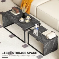 HOMCOM Nesting Coffee Table Set of 2, Industrial Stacking Side End Tables with Metal Frame for Living Room, Bedroom, Dark Grey Marble Effect(m-4)