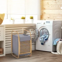 HOMCOM Panier à linge en bambou avec couvercle et poignées grand capacité pour chambre à coucher balcon salle de bain et buanderie 38,5 x 46,5 x 75 cm bois naturel et gris(m-2)