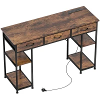 HOMCOM 120cm Computer Desk with Power Outlets, Office Desk Study Table with Fabric Drawers and Storage Shelves, Rustic Brown(m-1)
