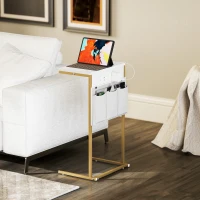 HOMCOM C-Shaped Bedside Table with Charging Station, Marble Grain Side Table with Power Outlets & USB Ports, Storage Bags, for Bedroom, Living Room, White(m-2)
