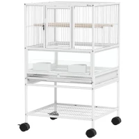 PawHut Gaiola para Pássaros Gaiola Grande com Rodas Painéis Acrílicos Comedouros Poleiros Prateleira Bandeja Amovível Gaiola para Papagaios Canários 48x46x83 cm Branco(m-11)
