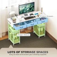 HOMCOM 120cm Computer Desk with Power Outlets, Office Desk Study Table with 3 Fabric Drawers and 4 Storage Shelves, White(m-4)