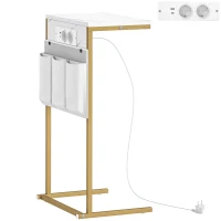 HOMCOM Mesa Auxiliar Estilo Marmolizado con Cargador USB y Espacio de Almacenaje 25,5x40x71 cm Blanco y Dorado(m-1)