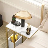 HOMCOM C Shaped Side Table with Charging Station and Faux Marble Top - White(m-9)