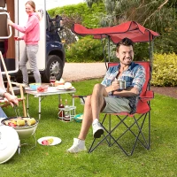 HOMCOM Chaise de Camping Pliable Grand Confort Pare-Soleil + Porte-gobelets intégrés, possibilité d'être portée en Sac à Dos Rouge Noir(m-2)