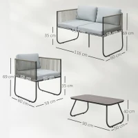 Komplet wypoczynkowy z Polyrattanu Outsunny: sofa + fotele + stolik z poduszkami, odporny na warunki atmosferyczne, 116 x 60 x 69 cm, Brązowy+Ciemnoszary(m-3)