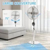 HOMCOM Ventilateur sur pied à hauteur réglable 120-135 cm, oscillation 75°, minuterie 7,5H, télécommande, mode veille, argent(m-4)