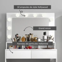 HOMCOM Coiffeuse avec miroir Hollywood, tiroirs, 3 modes d'éclairage, 10 ampoules, 80 x 40 x 135 cm, blanc(m-6)