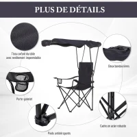 HOMCOM Chaise de Camping Pliable Grand Confort Pare-Soleil + Porte-gobelets intégrés, possibilité d'être portée en Sac à Dos Noir(m-6)