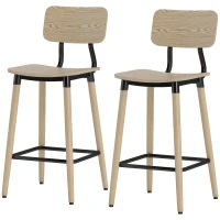 HOMCOM Set van 2 Barstoelen met Rugleuning, Voor Huisbar, Keukeneiland, Eetkamer, Hout, Metaal, Lichtbruin(m-1)